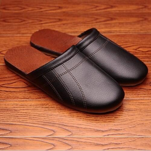 Solid Color Leather Couples Spring/Autumn Indoor Slippers Anti-Slip Soft and Warm Home Shoes for Men&Women