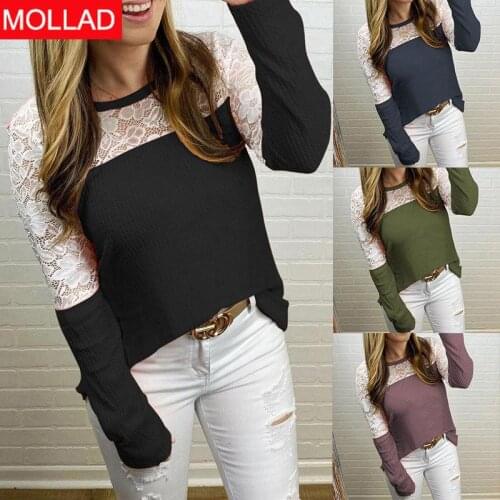 2021 Autumn Best-Selling Long Sleeve Solid Color Waffle Splicing Lace Top New Womens Clothing