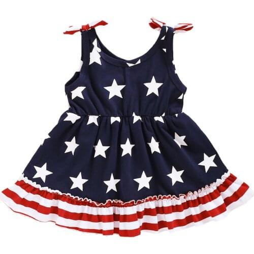 New 18 Months-4 Years Baby Girls Patriotic Stars Stripes Sleeveless Bowknot Independence Day Dress 4th Of July Ultra-Soft Dress