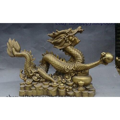 18" Chinese fengshui Brass Wealth Zodiac Dragon Hold Ball On Yuanbao Coin Statue
