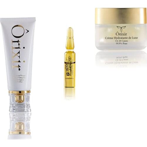Orixir 24 Carat Pure Gold and Oxygen Based Facial Cleanser Hyaluronic Acid Serum Moisturizing Cream Brightening Hydration Kit