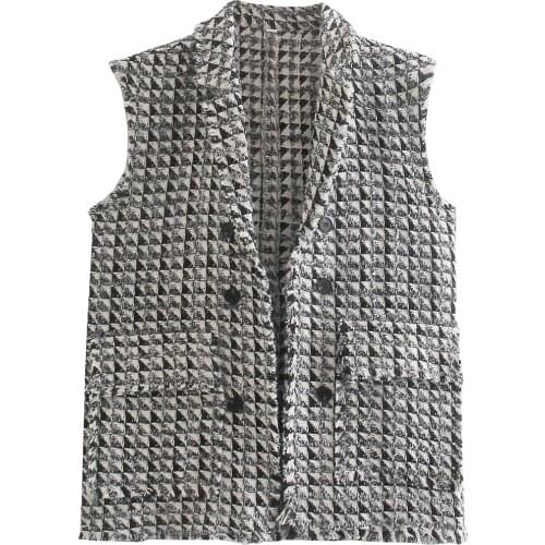 ZA Women 2021 Fashion Tweed Plaid Coat Loose Vest Lapel Sleeveless Outer Wear Side Vents Female Waistcoat Chic Tops