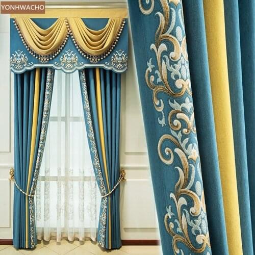 Custom curtain chenille jacquard sapphire blue heat insulation stitching thick cloth blackout curtain valance tulle panel C681