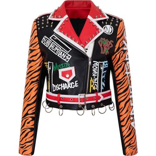 Free Shipping Designer Fashion PU Leather Motorcycle Biker Jacket Women Tiger Print Graffiti Studded Punk Rockers Style Jackets