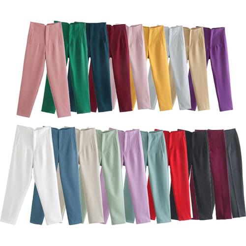 Nlzgmsj Za Pant Women High Waisted Pants Women Fashion Office Beige Pants Chic Button Zip Elegant Pink Casual Woman Pants 202107