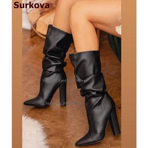 Surkova Chunky Heel Pointed Toe Pleated Middle Boots Women White Black Matte Leather Folded Mid-calf Boots Size46 Dress Shoes