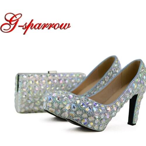 Sparkling AB Crystal Wedding Shoes 12cm Chunky Heel Woman Platform Shoes with Matching Purse Cinderella Prom Pumps Plus Size