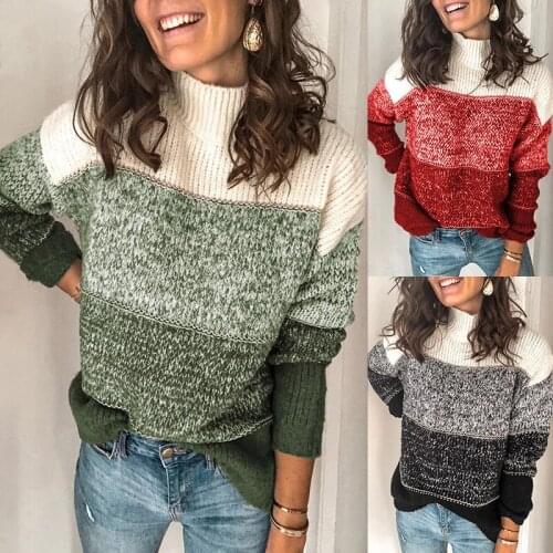 Women Autumn Contrast Color Sweater Pullover Top Long Sleeve Knitted Sweater Ladies Jumpers Knitwear New