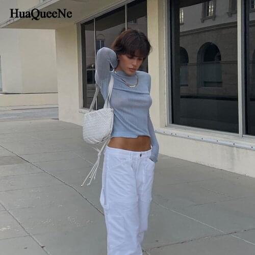 Long-sleeved top womens high elasticity slim vintage t shirt bottoming shirt solid color high-neck knit top fashion elegant high street Y2K clothing