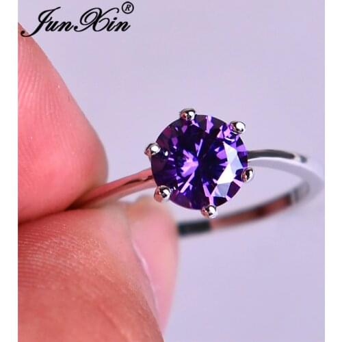JUNXIN Multicolor Stone Rainbow Fire Birthstone Rings For Women White Gold Filled Purple Blue Zircon Thin Wedding Ring