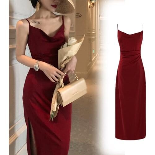 Womens Fashion Sexy Satin Dress Simplicity Elegant Tight Skirt Red Elastic Evening Dress Sleeveless Strap Split Slim Dresses