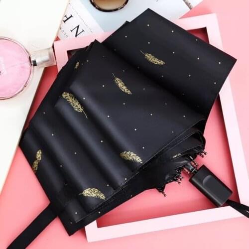 Feather Black Coating Parasol Creative Small Sunny Umbrella Sunscreen Black Glue 3 Fold Sunny and Rainy Umbrella