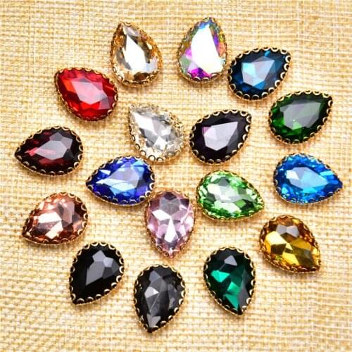 13*18Mm Glass Crystal Colorful Diamond Classical Teardrop 15Pcs Gold Fancy Claw Sew On Flatback Rhinestones For Diy Dress Shoes
