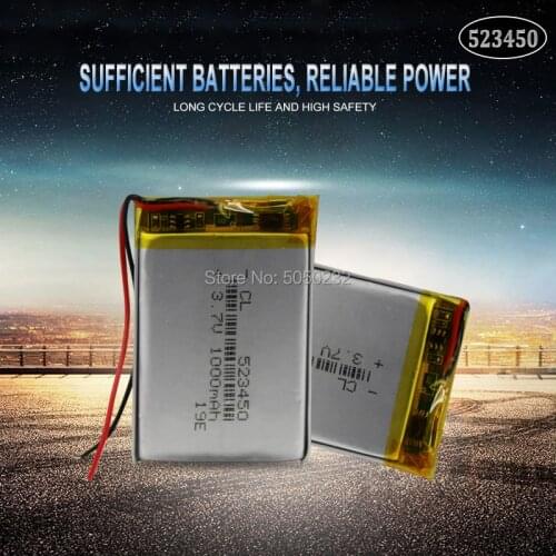 2pc 1000mAh 3.7V 523450 Polymer Lithium Rechargeable Battery For GPS Smart Phone DVD MP3 MP4 MP5 Led Lamp Lipo cell