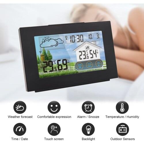 Wireless Weather Station Forecaster Thermometer Hygrometer with Sensor Alarm Clock Calendar with Snooze Adjustable USB Charging