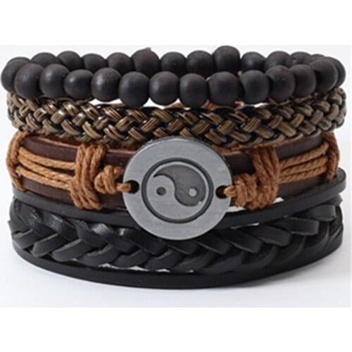 Taichi Khaki Black Beads Wristband Multilayer Leather Bracelets Set Men Bracelets Women Homme Fashion Jewelry Accessories