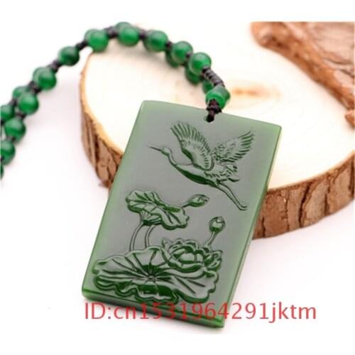 For Necklace Jadeite Pendant Men Charm Chinese Hand Green Carved Crane Amulet Fashion Lotus Jewelry Gifts Women Jade Natural