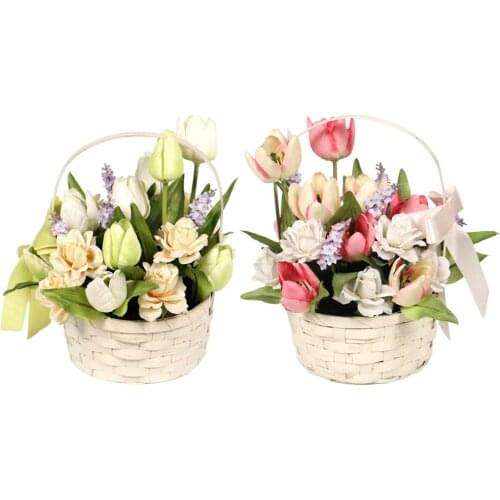 Artificial Tulip Bouquets with Bamboo Basket Fake Tulip Flowers Decoration for Table Home Office Wedding