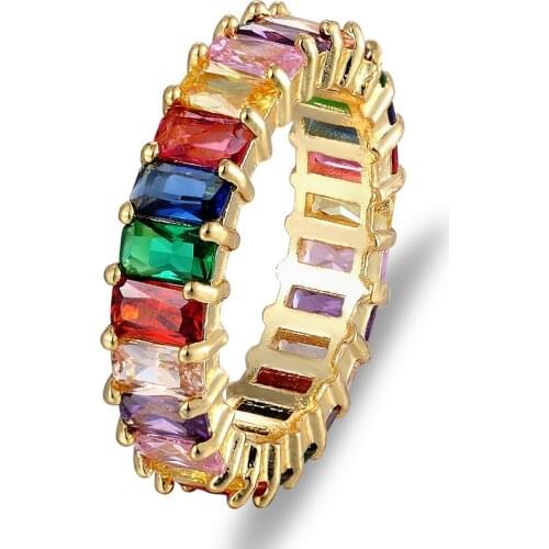 Hot Sale Fashion Gold Color Thin Baguette Rainbow CZ Ring For Women Girls Engagement Wedding Band Top Quality Charm Jewelry