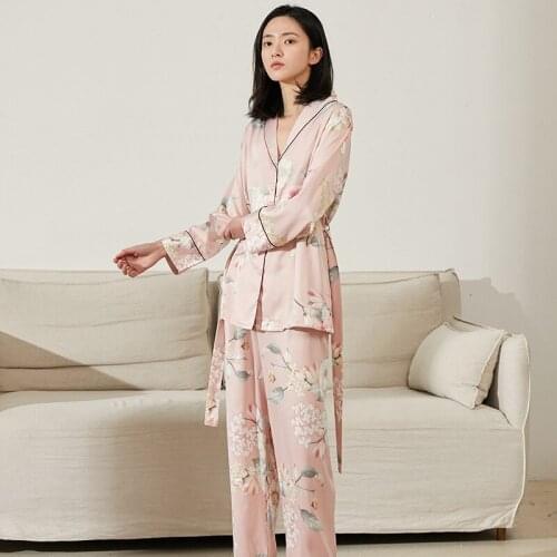Print Flower Pajamas Suit Womne Nightwear Casual Satin 2PCS Sleep Set Spring New Pink Home Clothing Intimate Lingerie With Belt