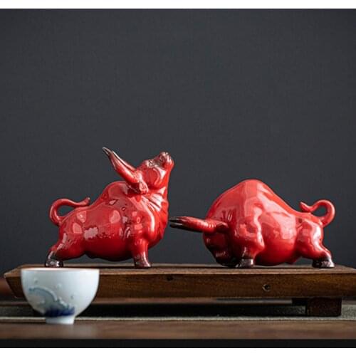 Creative Ceramic Red Cattle Figurines Ornaments Home Decoration OX Statue Living Room Office Desktop Animal Figures Decor