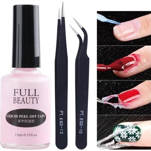 15ml Cream Nail Art Polish Latex Tape Form Peel Off Gel Cuticle Guard Finger Protection Nails Glue Manicure Tweezers Tool BE1825