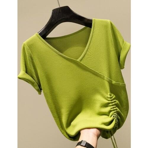 Lightweight Knitted Women T-Shirts Summer New 2021 V-Neck Drawstring Slim Solid Sweet Style Asymmetrical Female Pulls Tops Tees