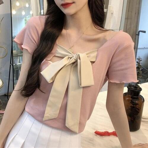 Summer Ladies T-shirt Contrast Color Pleated Edge Summer Korea Style Wave Selvedge BlouseBow-knot Pullover Tops Women 2021