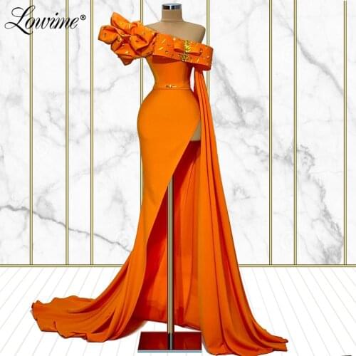 Lowime Crystals Orange Evening Dresses One Long Sleeve Dubai Party Kaftan Abaya Saudi Arabia Prom Dresses 2021 Robes Party Gowns