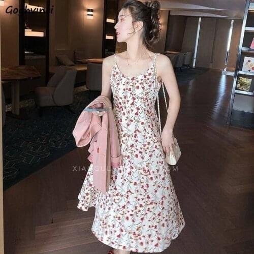 Sleeveless Dress Women Printed Floral Streetwear Sweet Girls Elegant Summer Spaghetti Strap Office Ladies Vestido Midi Fashion