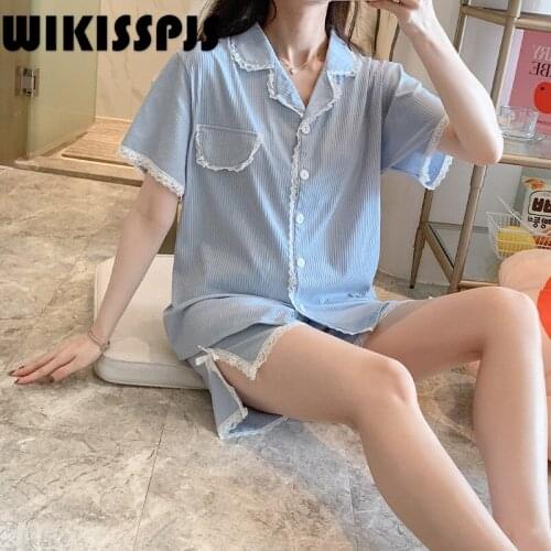 SimpleCardigan LaceSplicing Short SleeveTrousers SuitComfortable Thin Home Ladies' Living Suit Bedroom SetPajamas forTeen Girls