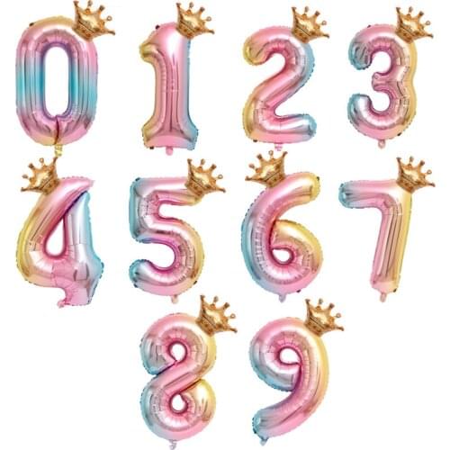 Colorful Number Foil Rainbow Balloons 1 3 4 5 6 Years Old Kid Boys Girls Crown Happy Birthday Balloon Baby Shower Decor Supplies