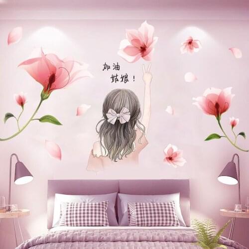 [shijuekongjian] Cartoon Girl Wall Stickers DIY Pink Flowers Mural Decals for House Living Room Kids Bedroom Nursery Decoration