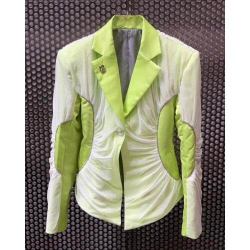 2021 Fall Bright Diamond Metal Chain Mesh Pleated Suit Niche V-neck Waist Contrast Casual Jacket пиджак