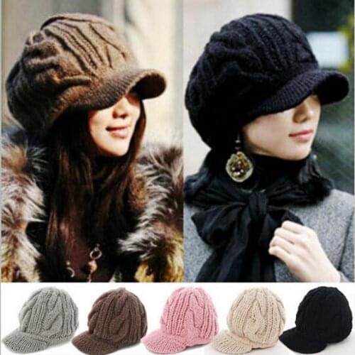 Women Winter Warm Knit Hat Wool Snow Ski Caps With Visor