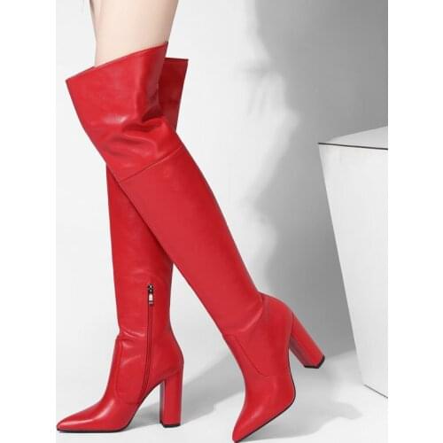 2021 New Women Over The Knee Boots Fashion Zipper PU Leather Square Heel Thigh Boots Ladies Pointed Toe Autumn Wintrer Boots