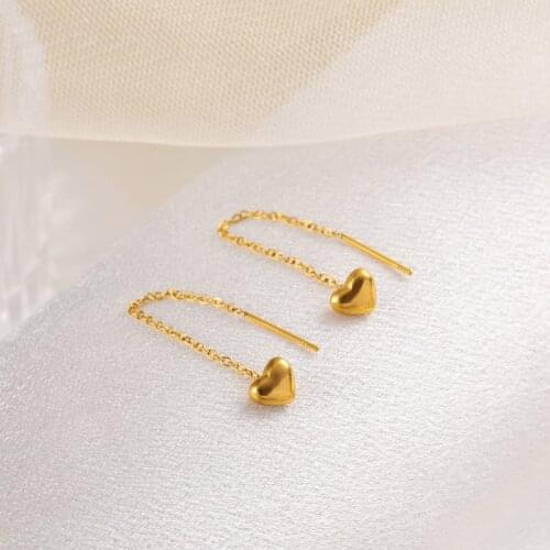 Romantic Gold Color Heart Long Chain Drop Earrings For Women No Fading Stainless Steel Female Wedding Party Ear Line Jewelry
