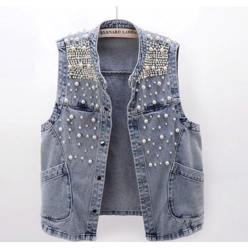Heavy Industry Beaded Denim Vest Women Loose Korean Style Bf Wind Sleeveless Jacket Waistcoat Spring Summer Outerwear Female