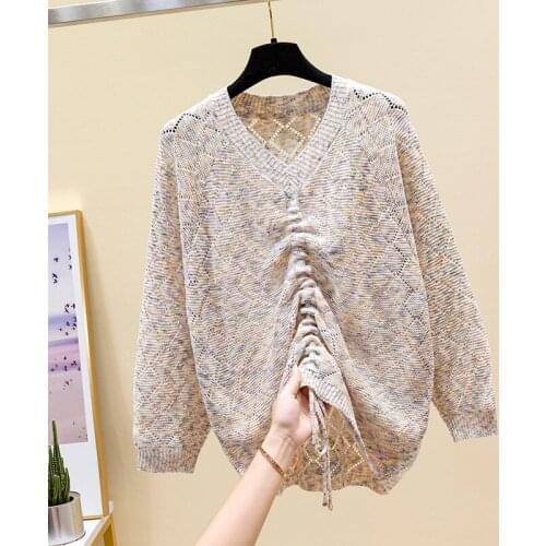 V-neck hollow out long sleeve sweater 2021 early spring new womens wear top fashion foreign style knitted base coat