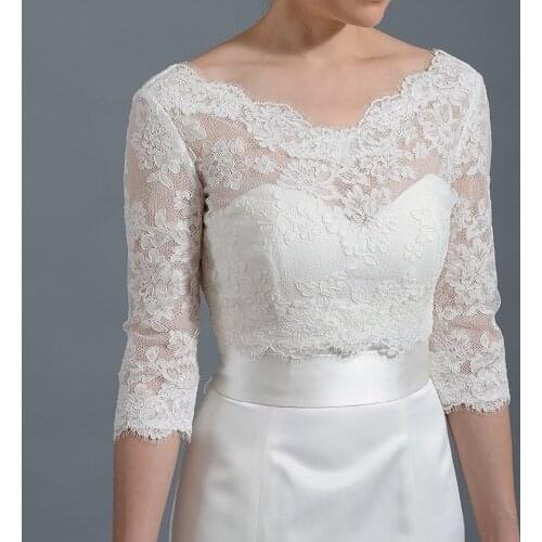 2019 New Bolero Long Sleeve Bridal Jackets V Neck Backless With Lace Applique White Ivory 3/4 Sleeve Wedding Custom Jacket