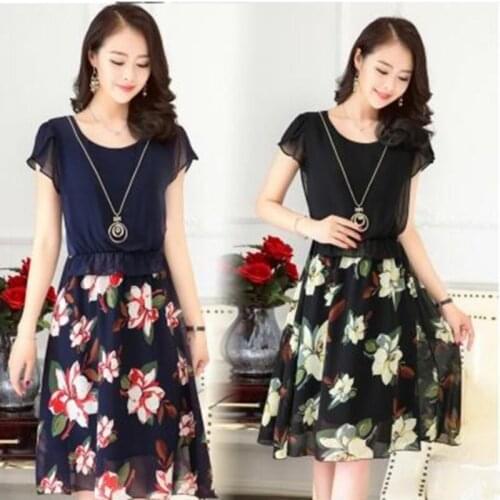 2017 Summer Fake two piece Dress Women chiffon Floral Vintage Dress With short sleeves Elegant Party Dresses Sundress plus size