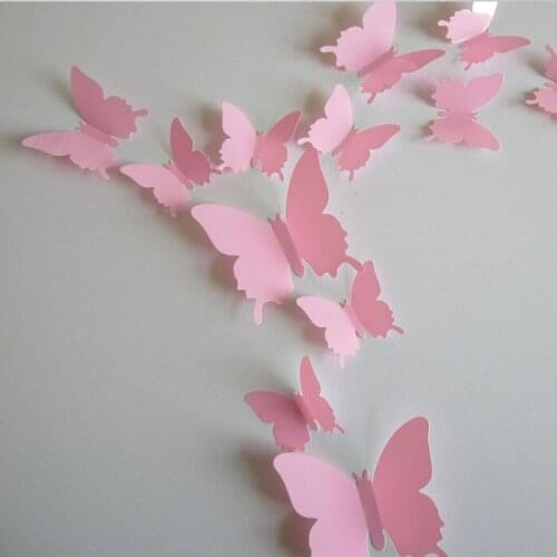 12Pcs Vinyl 3D Removable Decorative Pink Butterflies Wall Stciker For Kids Room Christmas 3D Art Wall Decals Home Decor