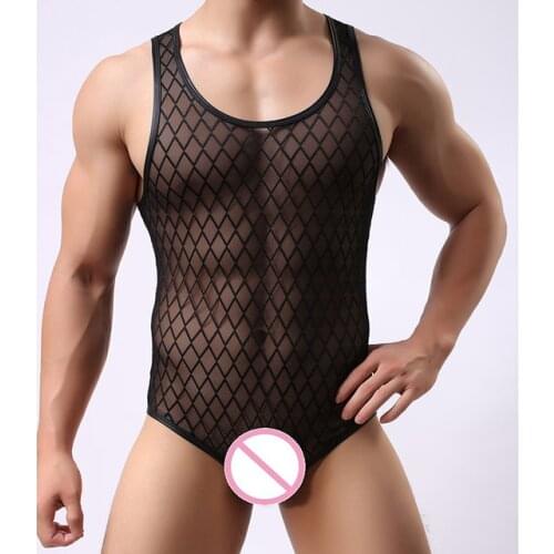 2017 Fashion Brand Plaid Fishnet Transparent Man Sexy Fitness Shapers Gay Funny Bodybuilding Bodysuit/Hot Shapewear Size M L XL