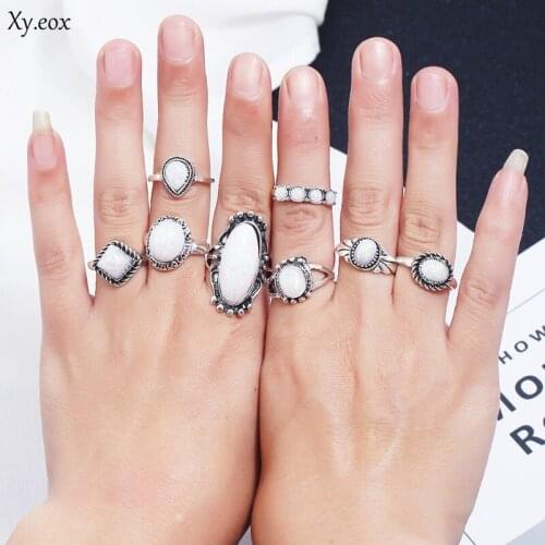 8pcs Bohemia Antique Gold Silver Elephant Flower Rose Heart Crown Carved Rings Set Knuckle Finger Midi Ring for Women Jewelry