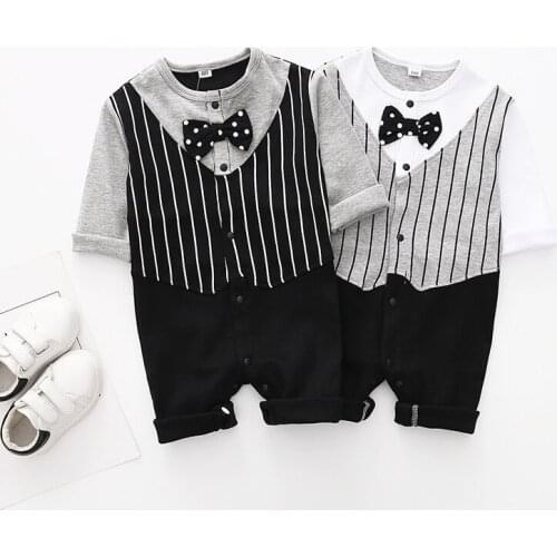 Free Shipping Newborn Baby Boy One Piece Romper Long Sleeve Gentleman Striped Bow Tie Formal Suits Europe Popular Wedding Dress