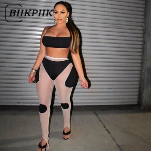 BIIKPIIK Mesh Patchwork Solid Long Pants Skinny Casual All-Match Trousers High Waist Bodycon Basic Streetwear Women Outifits