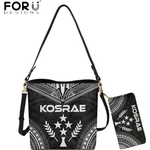 FORUDESIGNS New PU Leather Women Bucket Bag And Purse 2pcs Set Polynesian Kosrae Tribal Print Luxury Messenger Sac Mujer