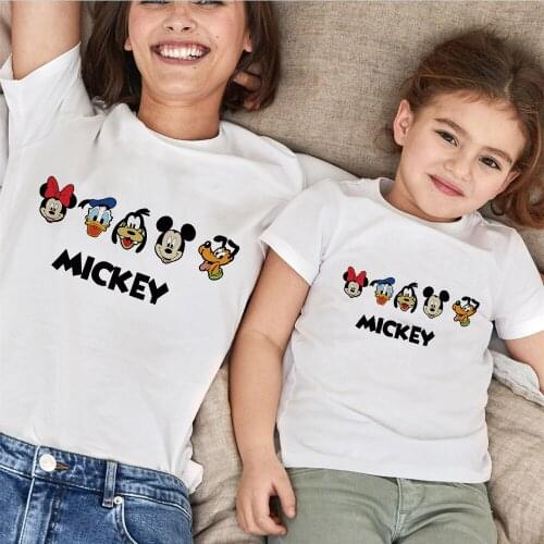 Women T-shirt Unisex Aesthetics Minnie Donald Mickey Googy Head Funny Short Sleeve Children T Shirts Family Matching Outfits