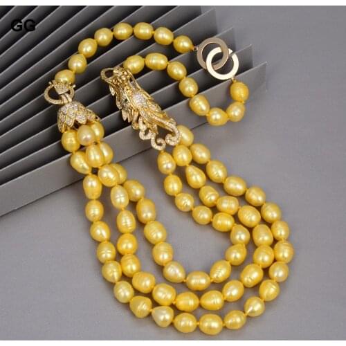 GG Jewelry Natural Golden Yellow Rice Pearl Necklace Cz Pave Dragon Connector Religious Style For Women