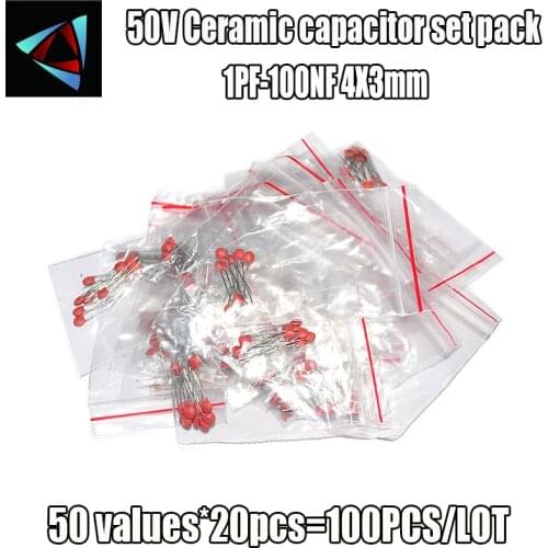 1000Pcs/lot 4mm x 3mm 50 Values 50V Ceramic Capacitor Assorted Kit Assortment Set